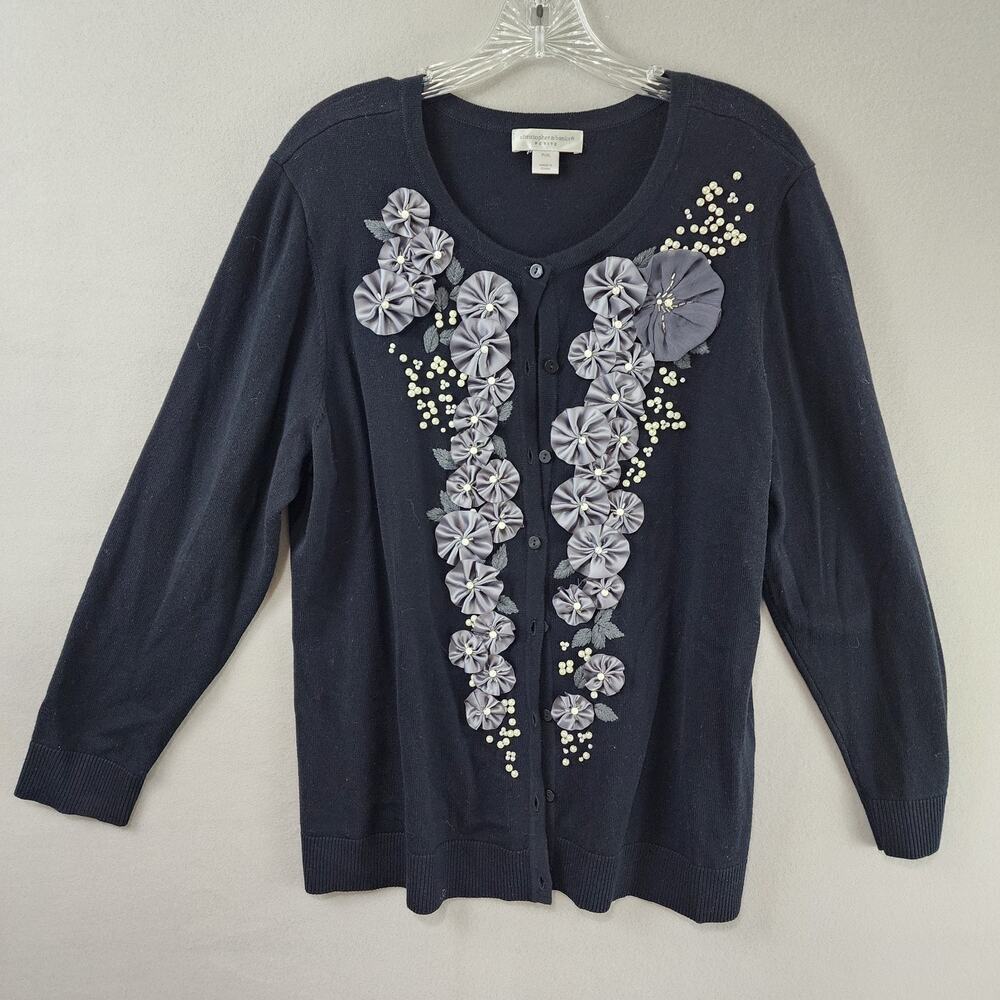 Christopher & Banks Petites Cardigan P/XL Black Floral Appliqué Beaded Sweater